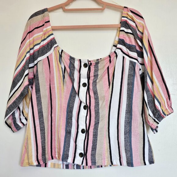 Live 4 Truth Cotton Linen Blend Striped Off-Shoulder Blouse Crop Top, L - Picture 2 of 9
